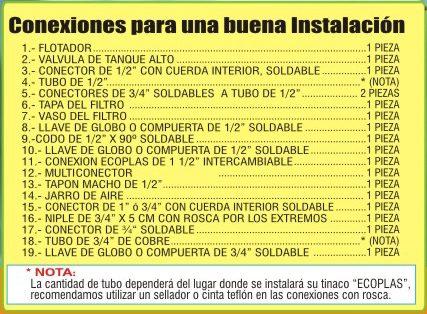 Listado de conexiones para instalación de Tinacos Ecoplas